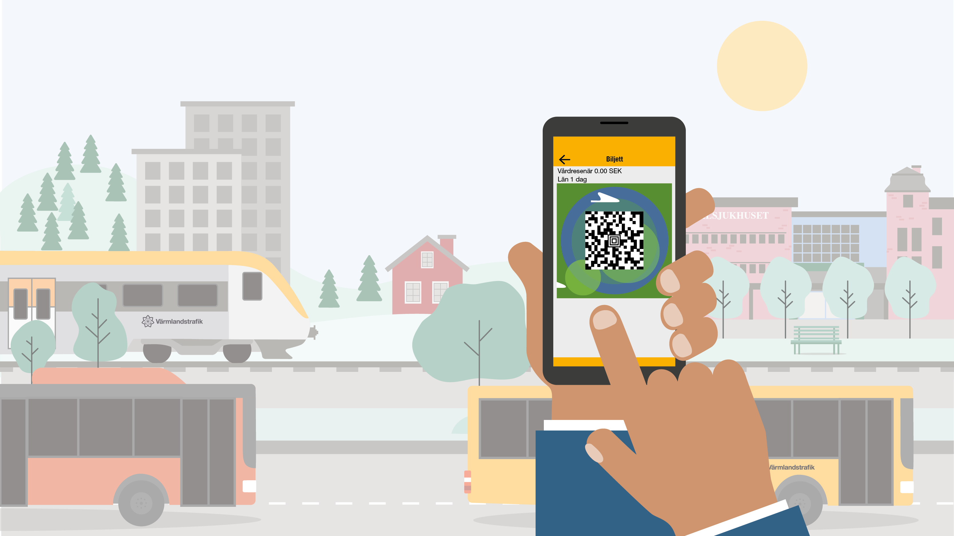 Illustrerad bild med en hand som håller upp en mobil med appbiljett på skärmen. Bakom handen rullar Värmlandstrafiks bussar och tåg i en värmländsk miljö.