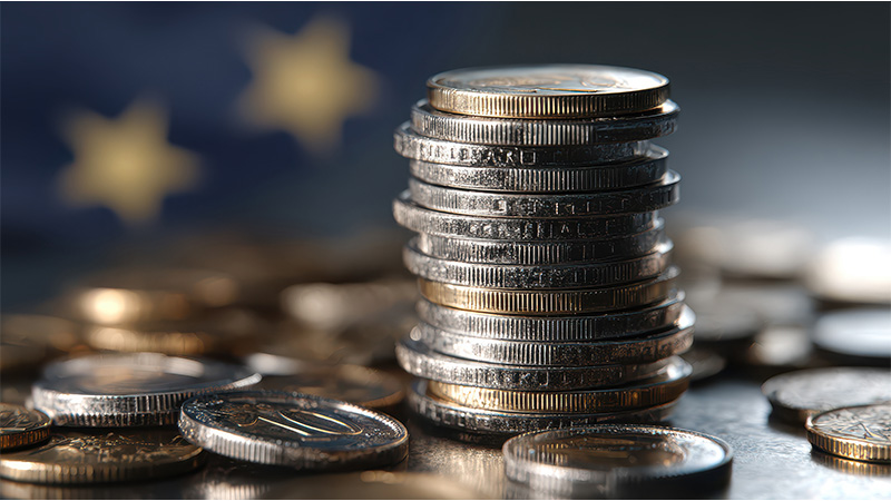 En mynthög omringad av mynt utspridda på en slät yta, EU-stjärnors skymtas i bakgrunden.