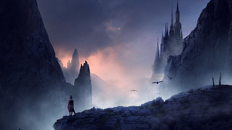 En fantasyvärld med en person på en klippa vid höga berg. 