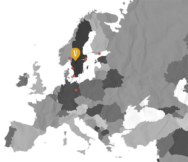 Map over Europe with Värmland marked with a V.