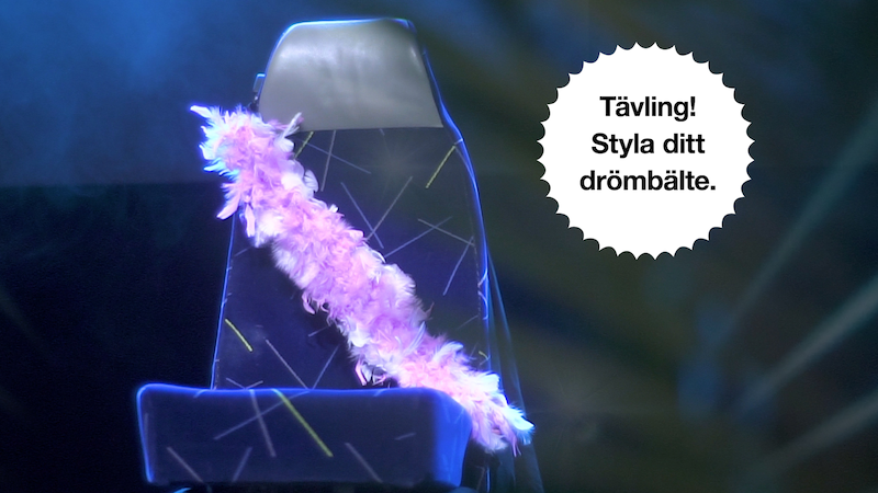 Bild på ett bussäte med ett dekoretat bälte och text är det står "Tävling! Styla ditt drömbälte."