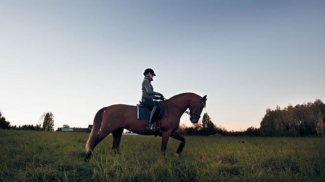 Johanna och häst i solnedgången