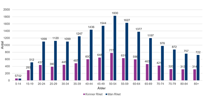 Graf över självmord fördelat på kön och ålder riket.
