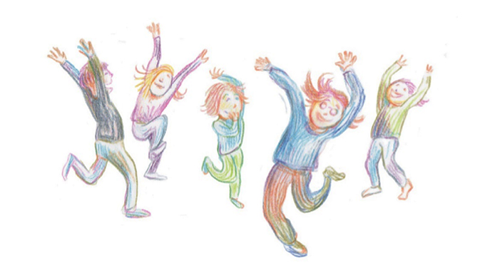 Färgglad illustration av fem barn som dansar.