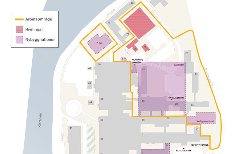 Bilden visar arbetsområdet från det nya parkeringshuset, till Klarälvsentrén och mot Bragska villan