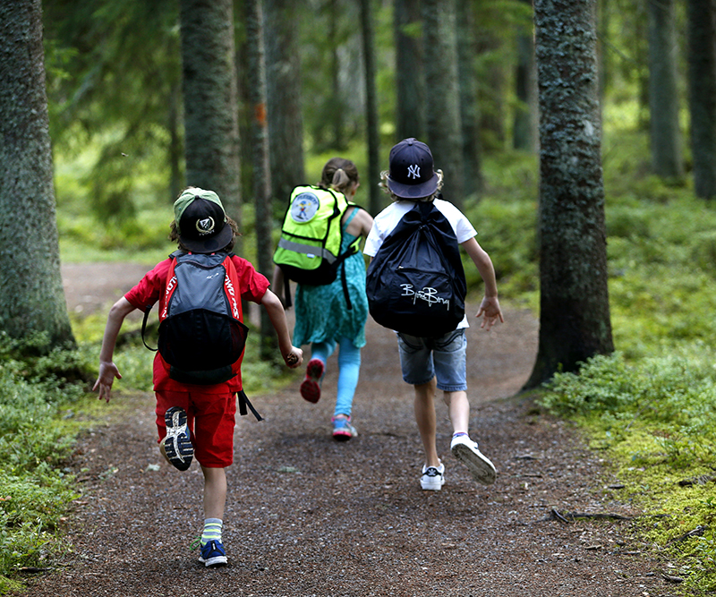 Barn springer i skogen