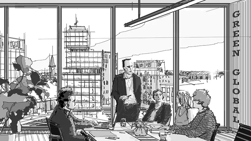 Illustration i svart tusch på vit bakgrund. Visar kontorsmiljö med några personer och utsikt över en stad från ett högt våningsplan. På väggen står det GREEN GLOBAL.