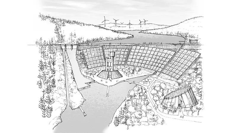 Illustration av Höljes kraftstation. Svart tusch på vit bakgrund.