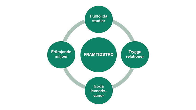 Bilden visar fyra cirklar med texterna Fullföljda studier, Trygga relationer, Goda levnadsvanor, Främjande miljöer. En cirkel i mitten har texten Framtidstro.