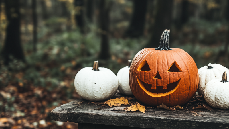 På ett bord i skogen ligger fyra små vita pumpor, det finns också en större orange halloweenpumpa.