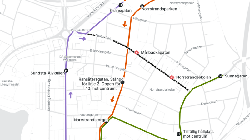 Kartbild som visar linjedragning och hållplatser för linje 2 och 10 på Norrstrand.