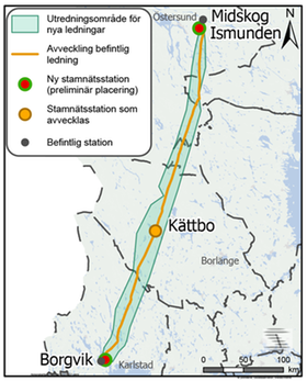 Karta som visar sträckan för den dubbla stamnätsledningen genom Värmland.