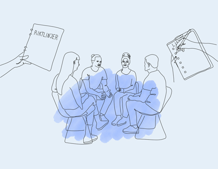 Blankett med riktlinjer och personer på stolar.