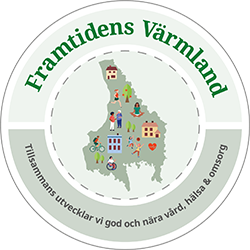 Symbol: Framtidens Värmland. Tillsammans utvecklar vi god och nära vård, hälsa och omsorg.