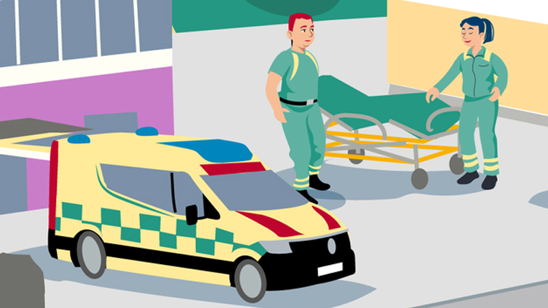Illustration av ambulans och personal.