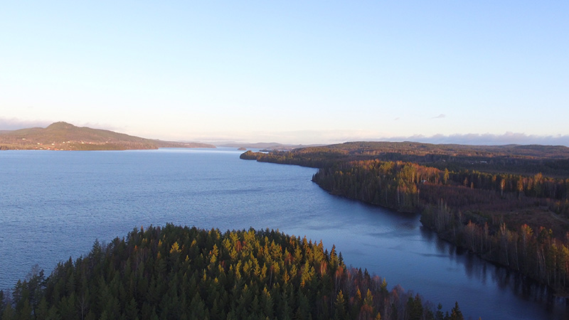 Bild tagen från hög höjd över sjön Fryken. Vatten och skog. 