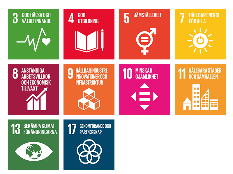 Globala mål 3,4,5,7,8,9,10,11,13 och 17.