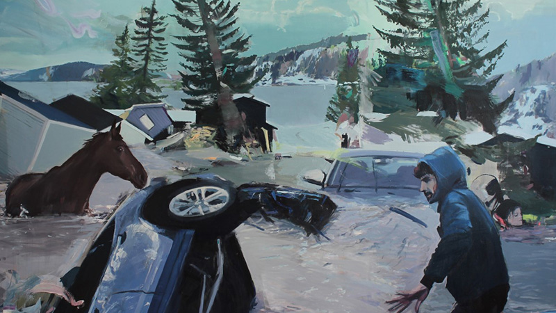 Bild på en målning av Geri Yttervik som föreställer en häst, omkullkastade bilar och en människa. 