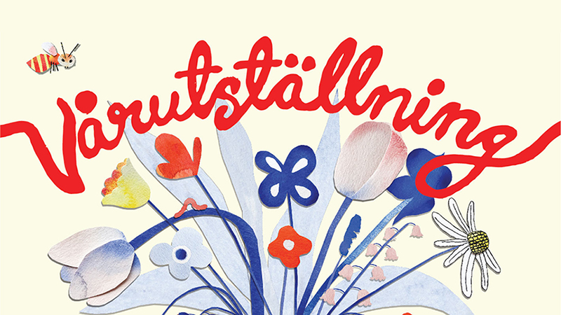 Illustration i basfärger med blombukett och ordet Vårutställning.