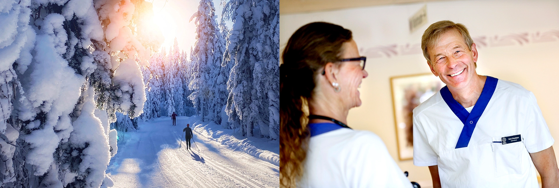 Vinterbild från Värmland med skidåkare och läkare på en vårdcentral