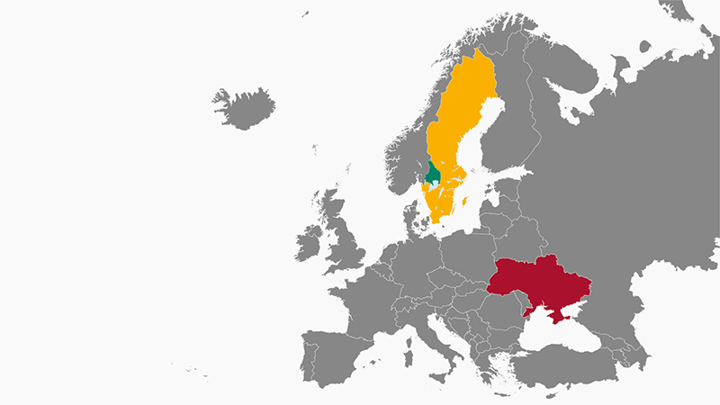 Kartbild över Europa där Ukraina, Sverige och Värmland är markerade.