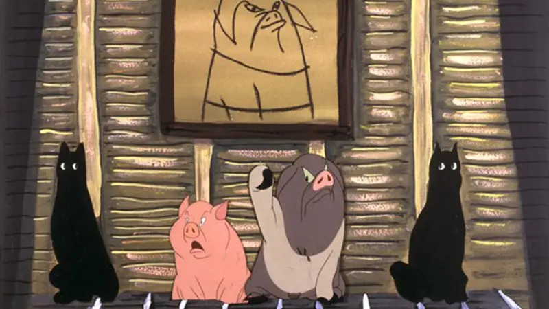 Två tecknade svarta katter och två grisar.