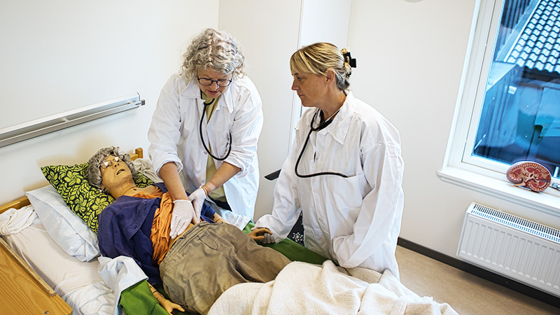 Två personer i vita rockar och stetoskop runt halsen undersöker en docka i en sjukhussäng. 