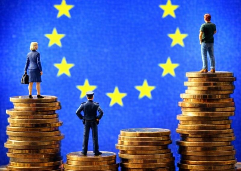 Tre personer står på olika höga högar av mynt.