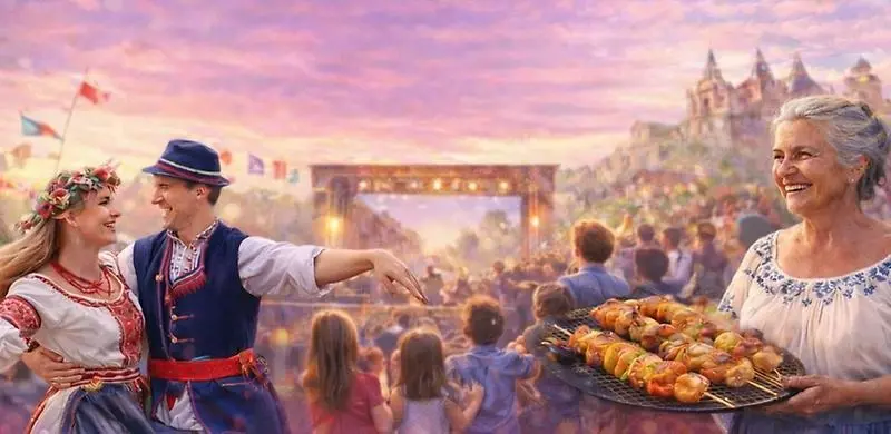 AI-genererad bild med dansare och matlagning i folklore-stil och texten "EUFeast - Festive pathways to a susatinable tomorrow