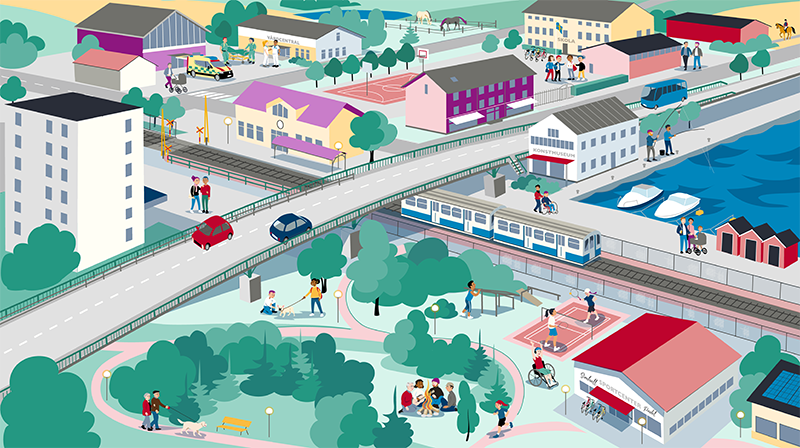 Illustration av ett samhälle med hus, människor, transportmedel m.m.
