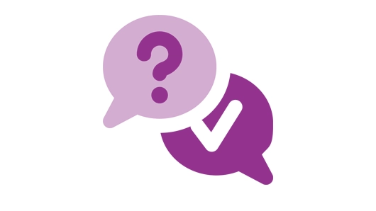 Två pratbubblor, en med frågetecken och en med en bocki. 