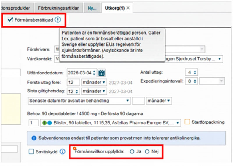 Skärmbild: Förmånsberättgad och Förmånsvillkor markerade.