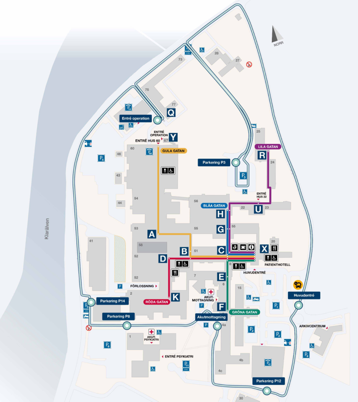 Karta över Centralsjukhuset i Karlstad med entréer, parkeringar och hållplatser för kollektivtrafik markerade.