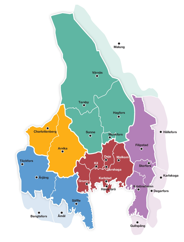 En illustrerad karta över Värmland där de olika zonerna är indelade i färger. 