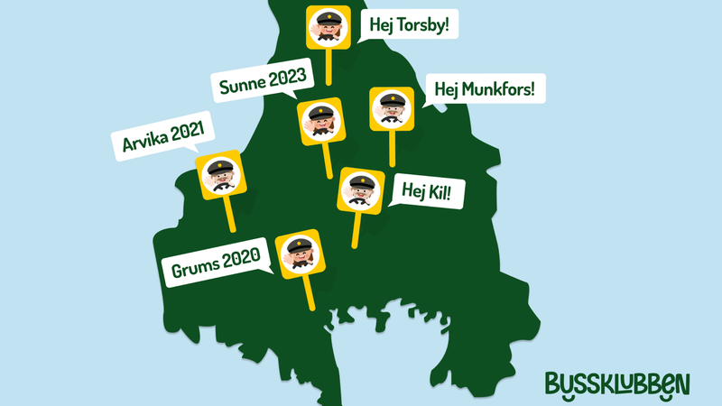 Värmlandskarta med skyltar vid Grums, Arvika, Kil, Sunne, Munkfors och Torsby för att markera var Bussklubben finns.