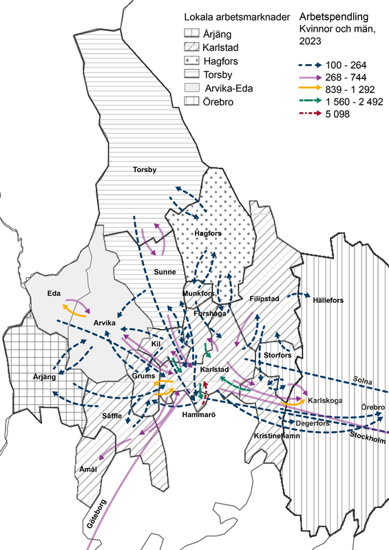 Karta över arbetsmarknader i Värmland som visar pendlingsströmmar från boendekommun till arbetskommun. 