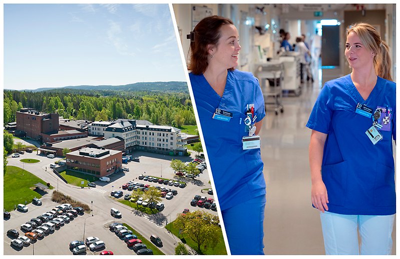 bild på sjukhusbyggnad och på två vårdpersonal i en korridor