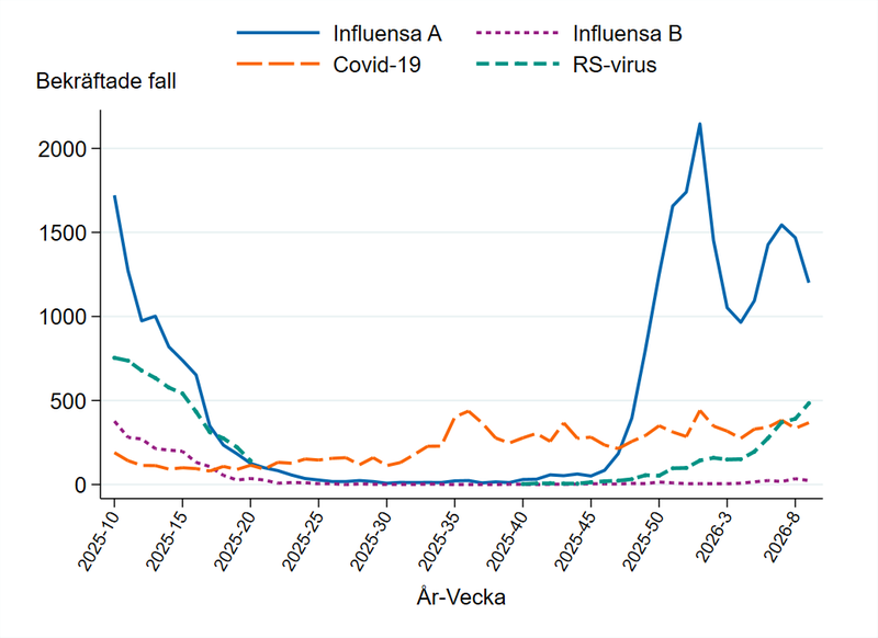 Fall av influensa, covid-19 och RS-virusinfektion de senaste 52 veckorna (Folkhälsomyndigheten)