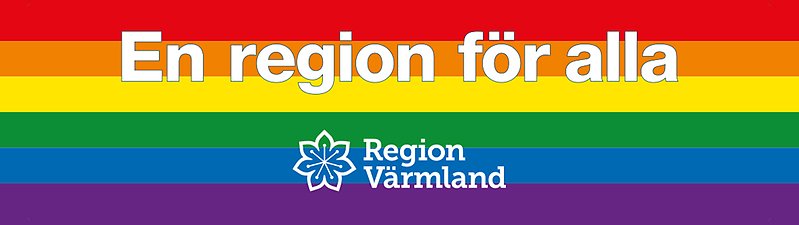 Bilden visar en regnbågsflagga med texten En region för alla.