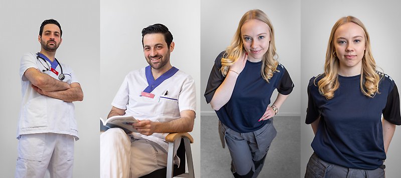 Manlig läkare och kvinnlig lagerarbetare i olika poser.