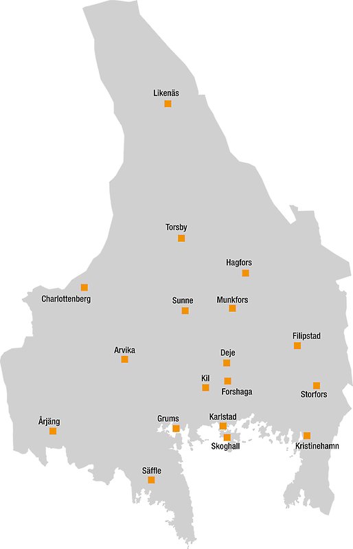 Karta över Värmland med orter markerade.