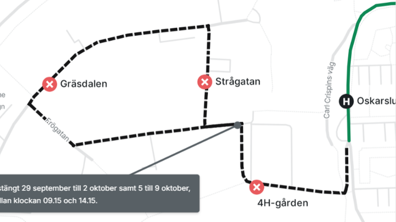 Karta som visar stängda hållplatser för linje 4. 