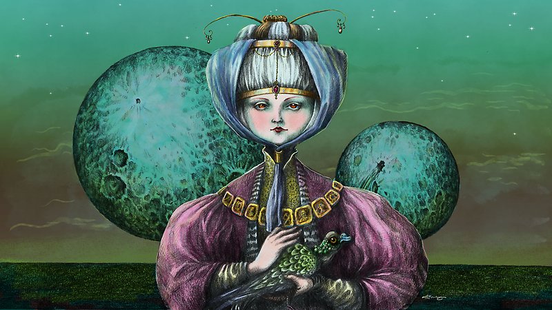 Kvinna framför två planeter på en färgskimrande himmel, hållandes en fågel i famnen.