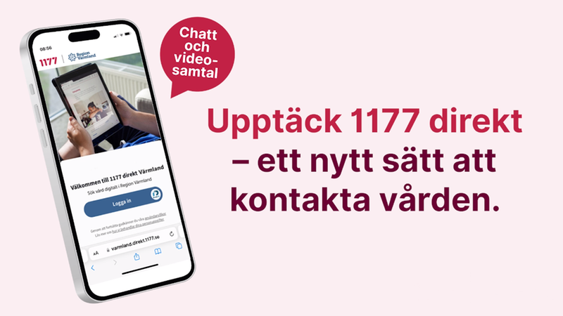 BIld med mobiltelefon som visar tjänsten 1177 direkt, en tjänst för att söka vård via chatt eller videosamtal.