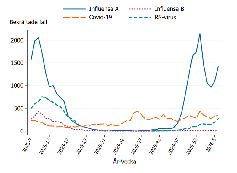 Fall av influensa, covid-19 och RS-virusinfektion de senaste 52 veckorna (Folkhälsomyndigheten)