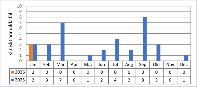 Tabell och diagram som visar antal fall av gonorré per månad i Värmland under åren 2025 och 2026.