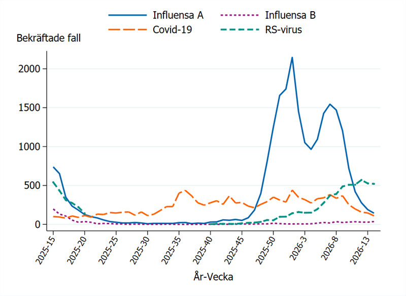 Fall av influensa, covid-19 och RS-virusinfektion de senaste 52 veckorna (Folkhälsomyndigheten)