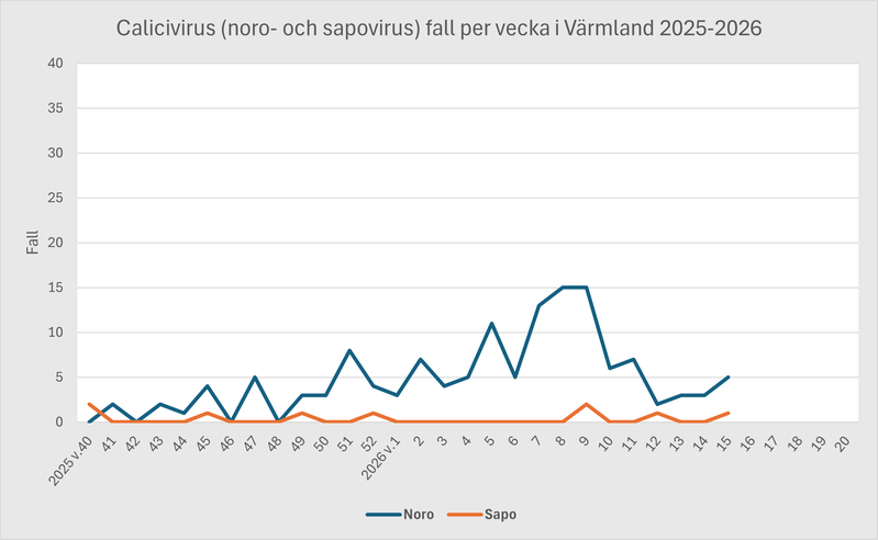Diagram över antal fall av calicivirus i Värmland under säsongen 2025-2026.